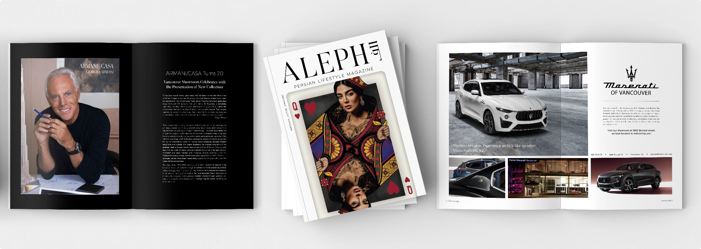ALEPH Magazine spreads featuring Armani Casa, a cover, and Maserati of Vancouver
