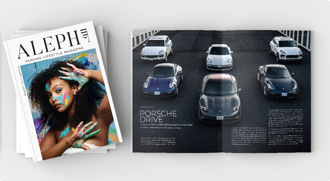 ALEPH Magazine cover beside a Porsche editorial spread