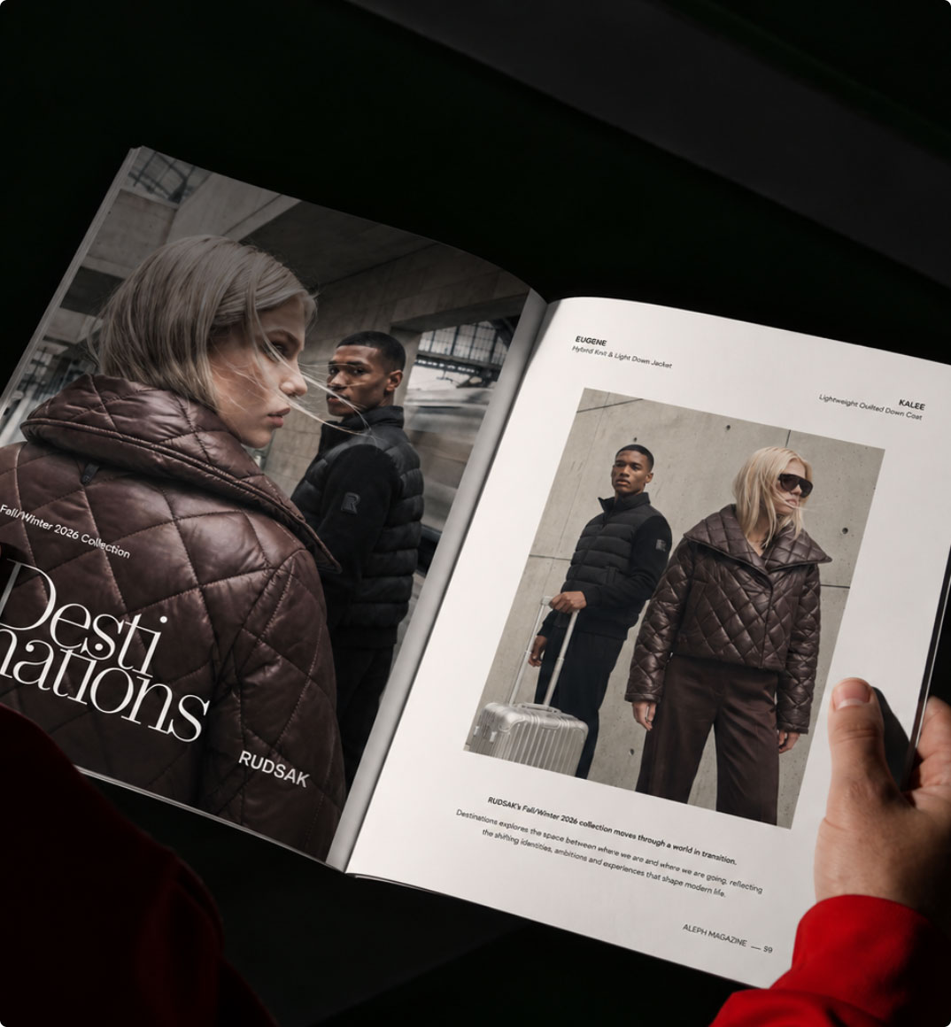 Hand holding ALEPH Magazine open to a Rudsak fashion editorial