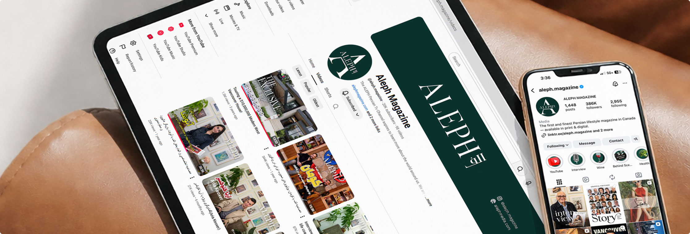 ALEPH Magazine website on a tablet and Instagram on a phone